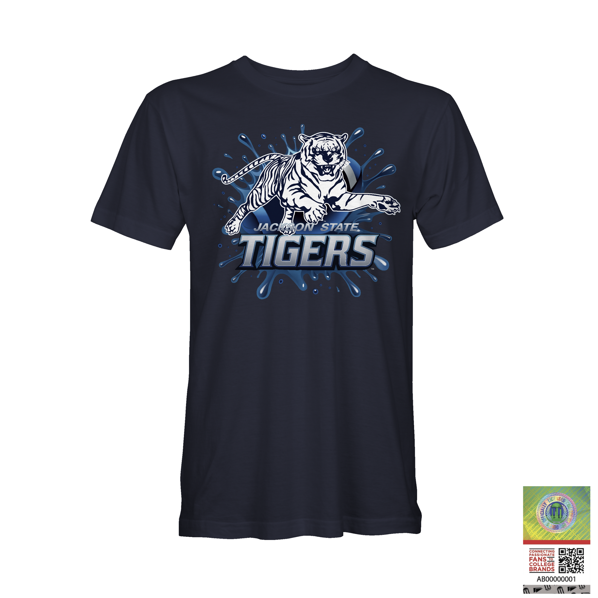 Navy crewneck t-shirt with blue tiger logo and Jackson State Tigers graphic