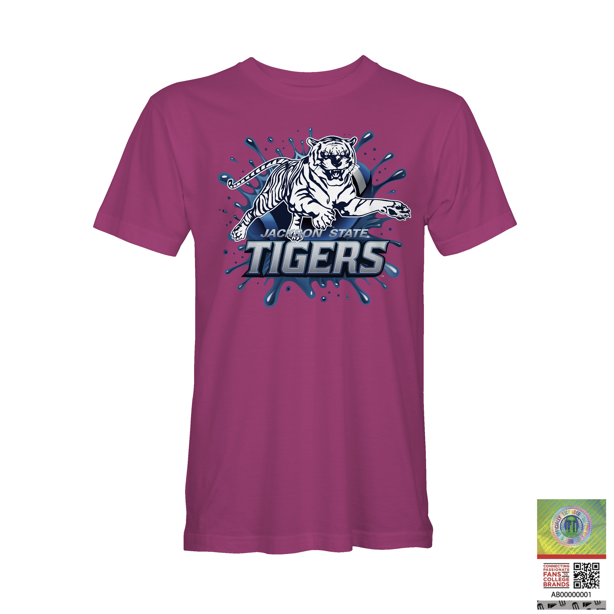 Magenta crewneck t-shirt with blue tiger logo and Jackson State Tigers graphic