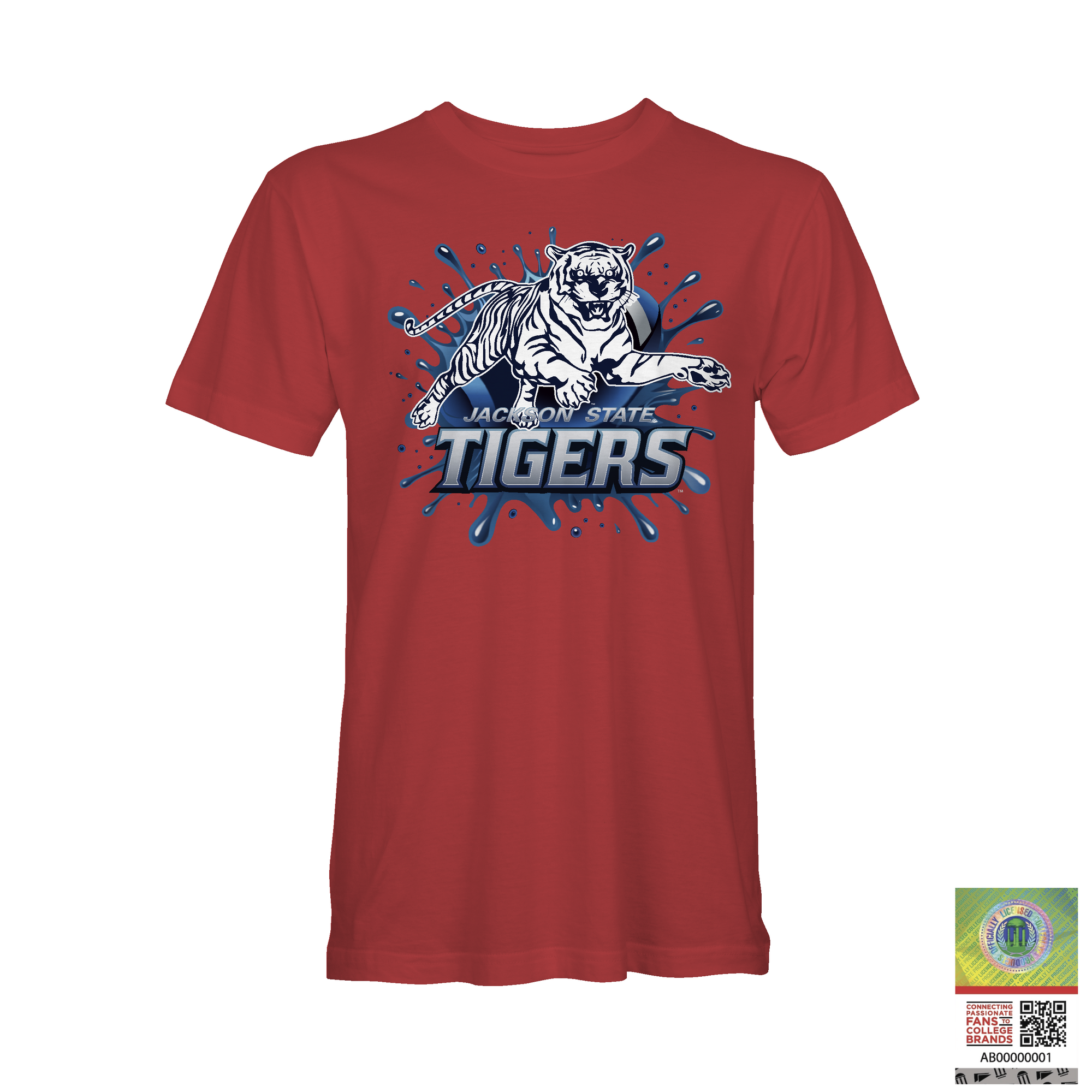Red crewneck t-shirt with blue tiger logo and Jackson State Tigers graphic