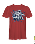 Red crewneck t-shirt with blue tiger logo and Jackson State Tigers graphic
