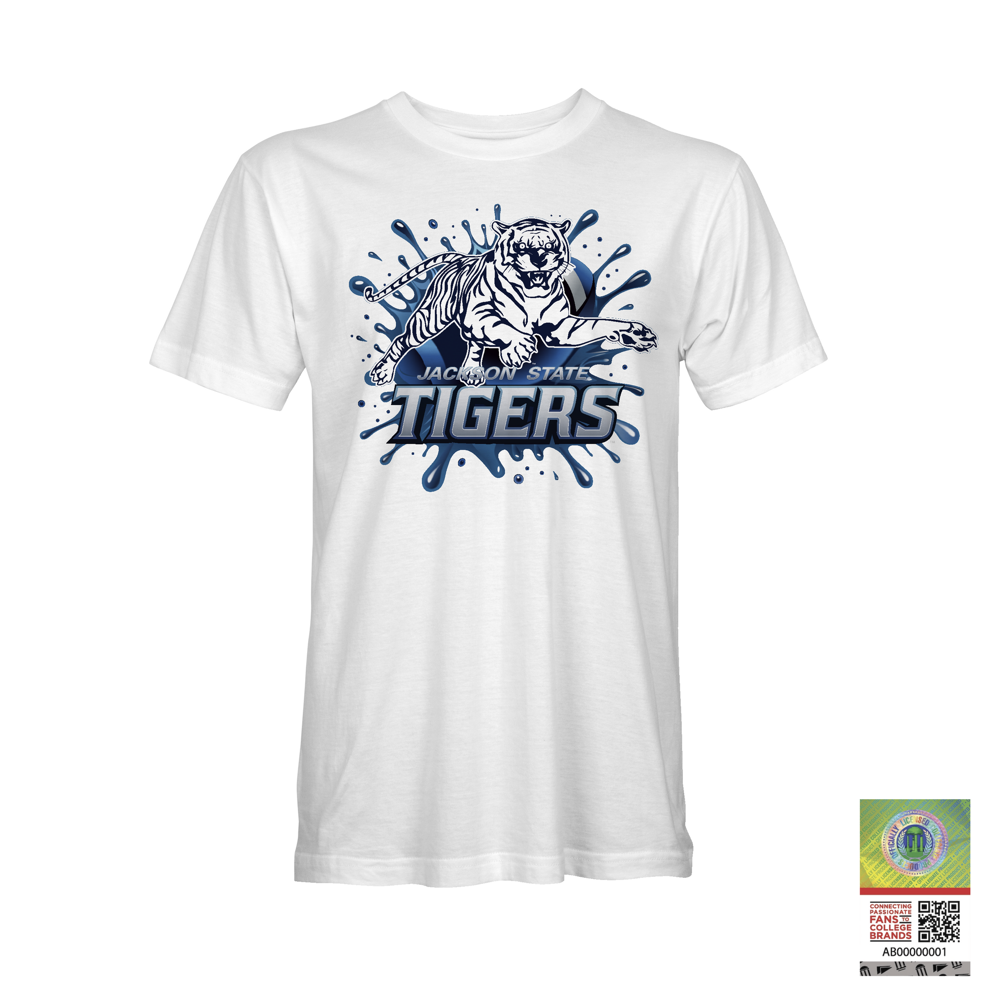 White crewneck t-shirt with blue tiger logo and Jackson State Tigers graphic