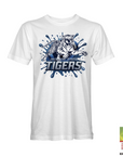 White crewneck t-shirt with blue tiger logo and Jackson State Tigers graphic