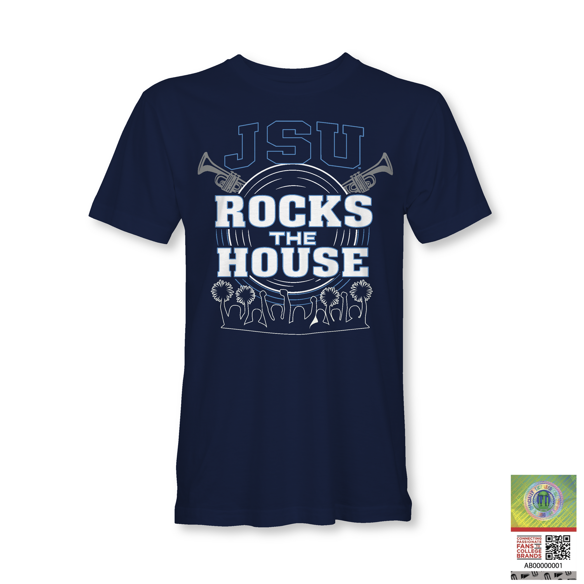 Youth navy T-shirt with JSU "ROCKS THE HOUSE" front graphic