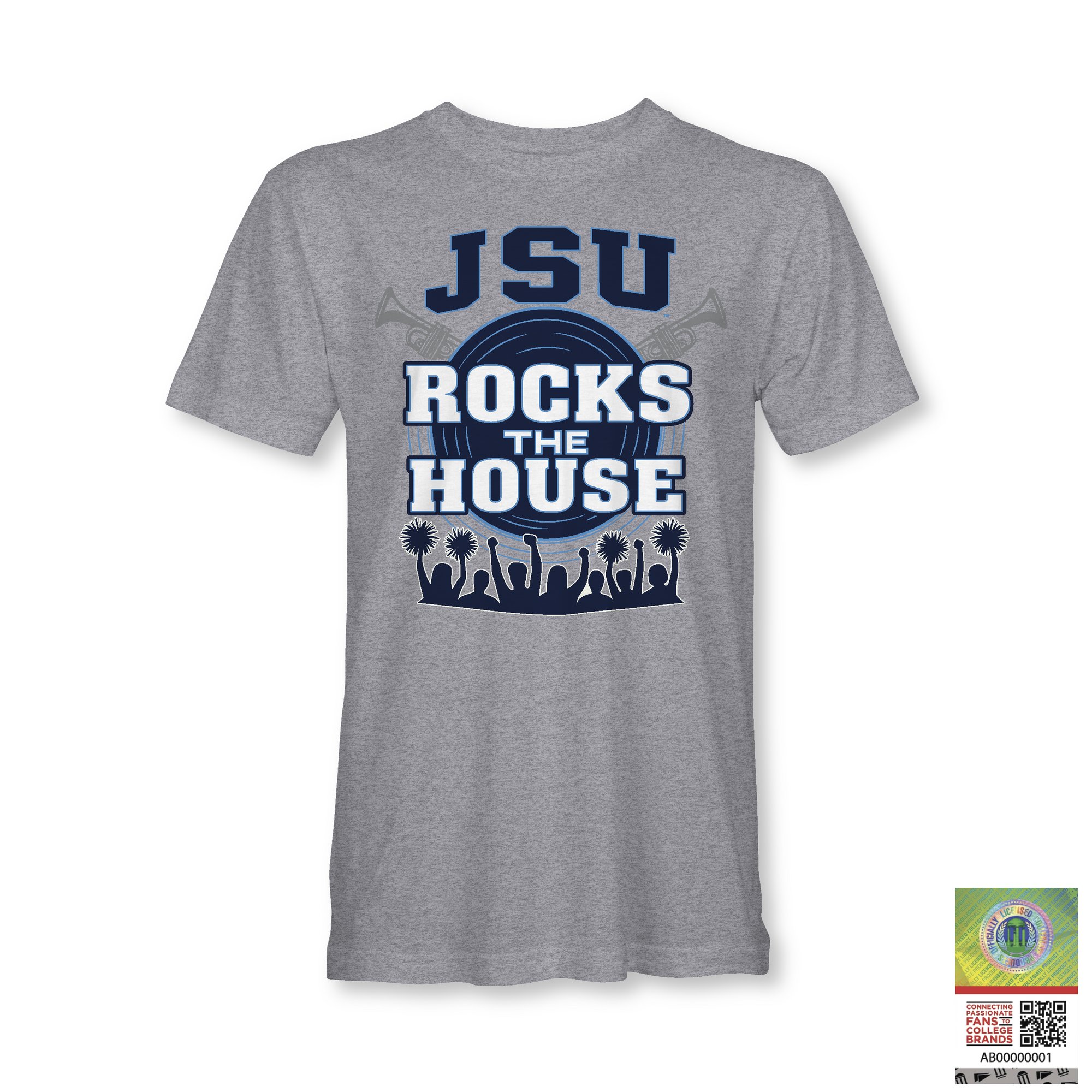 Youth heather gray T-shirt with JSU "ROCKS THE HOUSE" front graphic