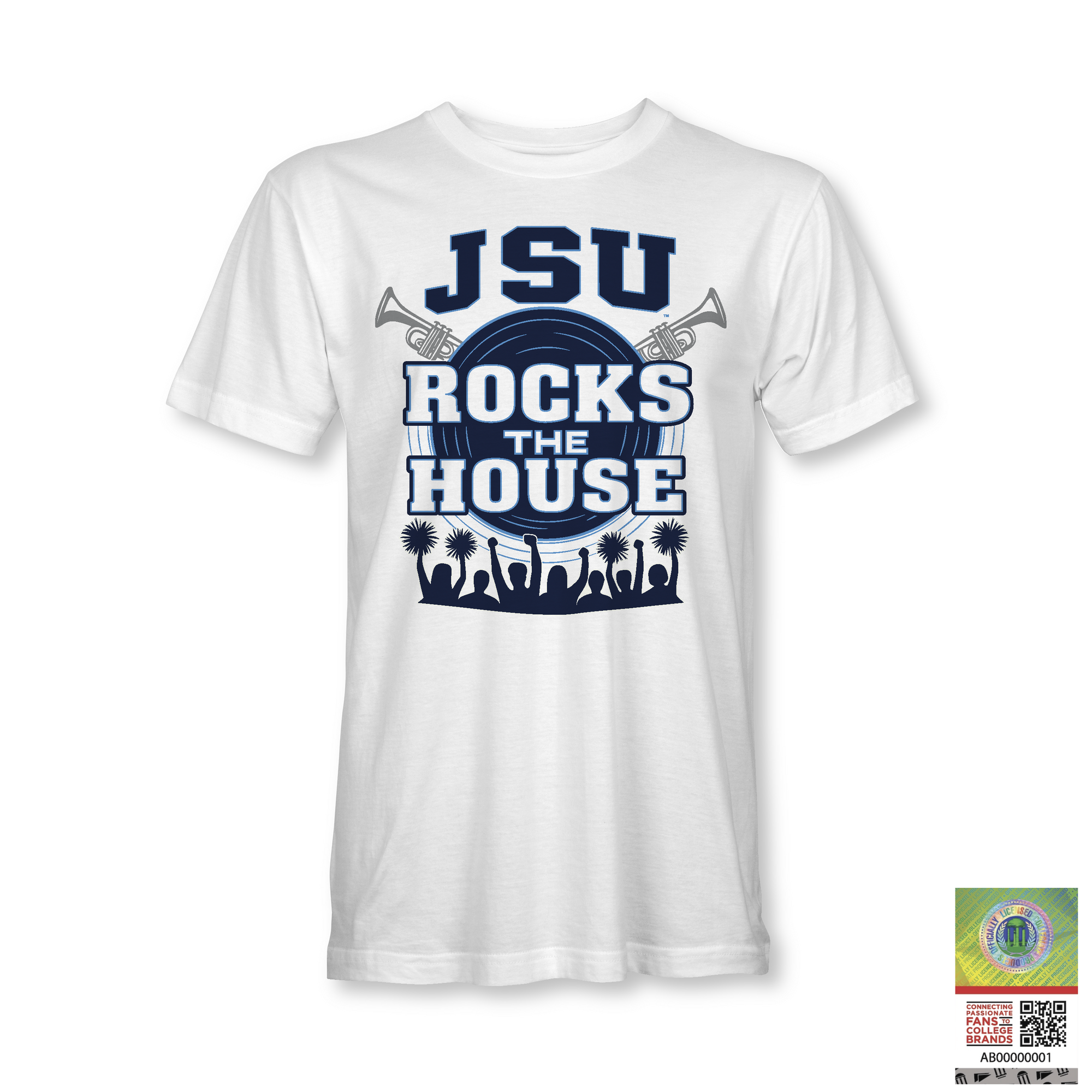 White toddler T-shirt with JSU Rocks the House graphic on the front