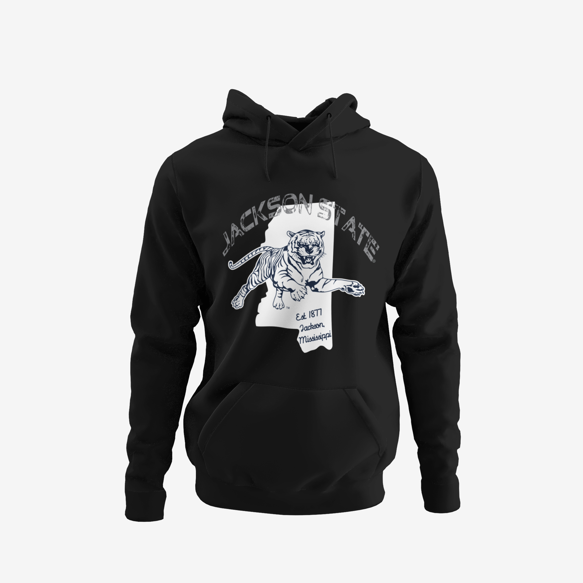Black pullover hoodie with tiger graphic, hood and kangaroo pocket