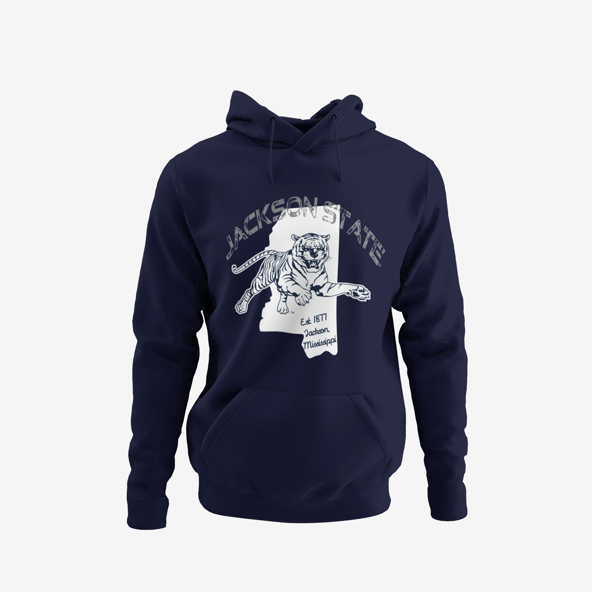 Navy pullover hoodie with tiger graphic, hood and kangaroo pocket