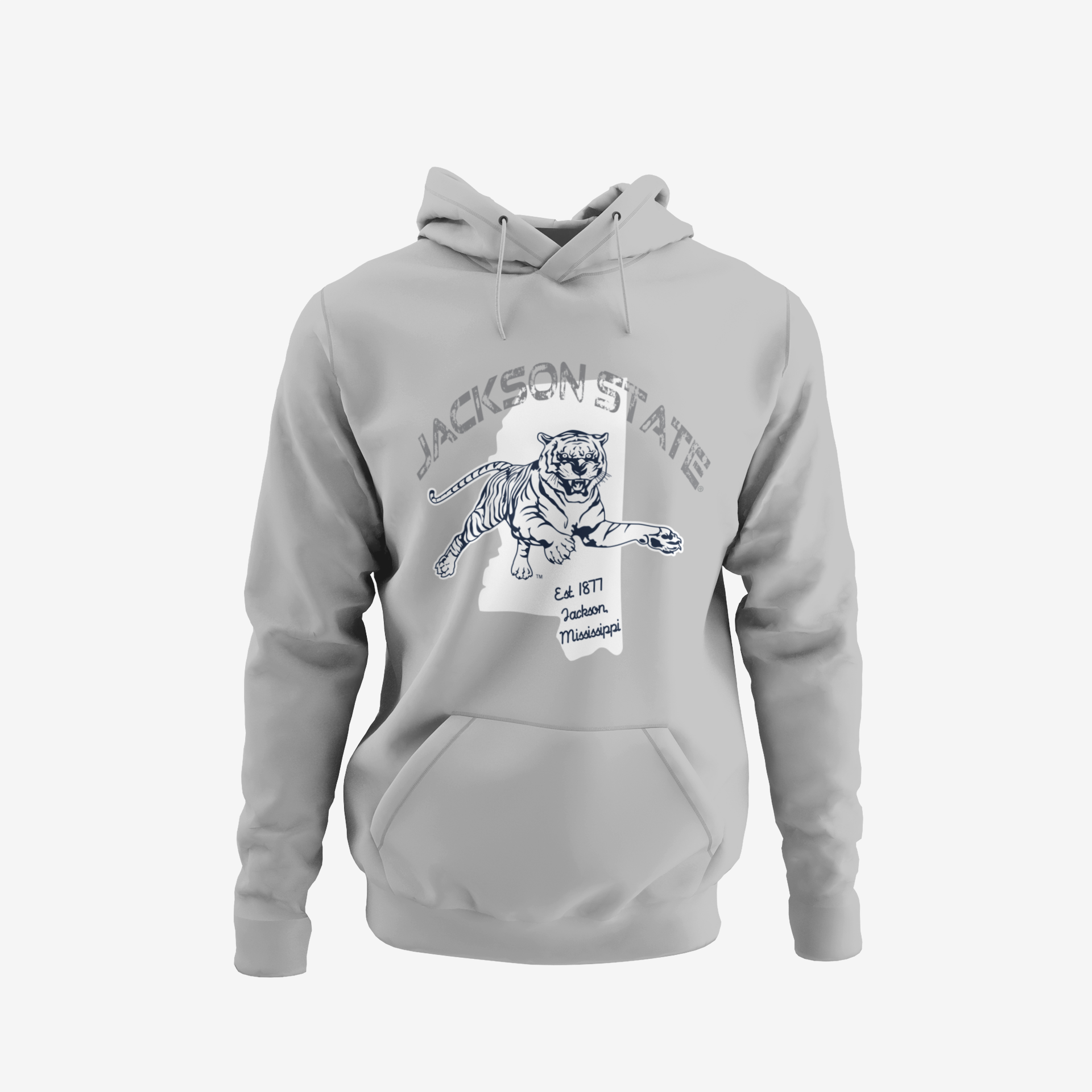 Gray pullover hoodie with tiger graphic, hood and kangaroo pocket
