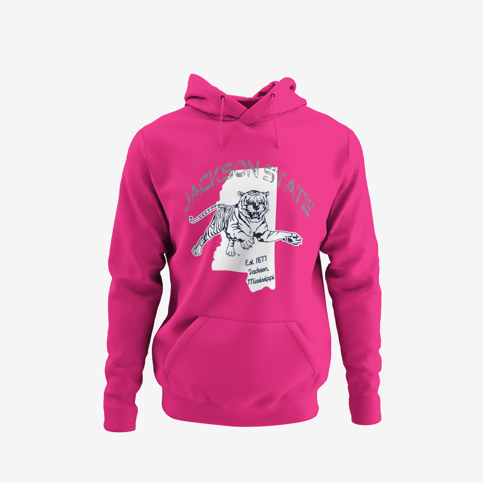 Pink pullover hoodie with tiger graphic, hood and kangaroo pocket