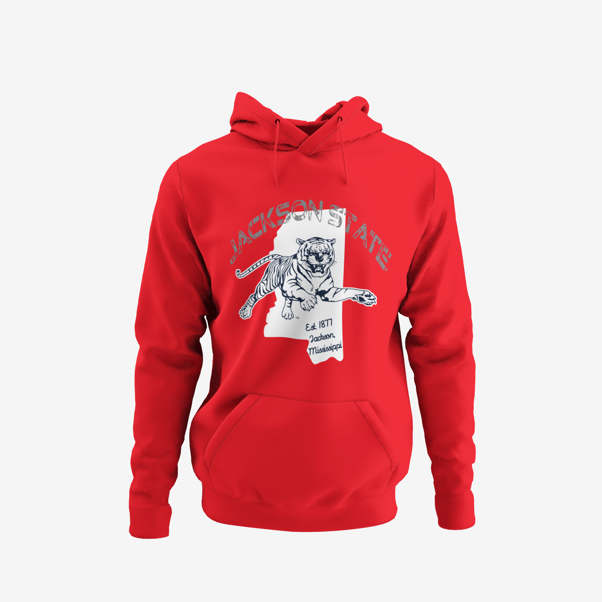 Red pullover hoodie with tiger graphic, hood and kangaroo pocket