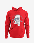 Red pullover hoodie with tiger graphic, hood and kangaroo pocket