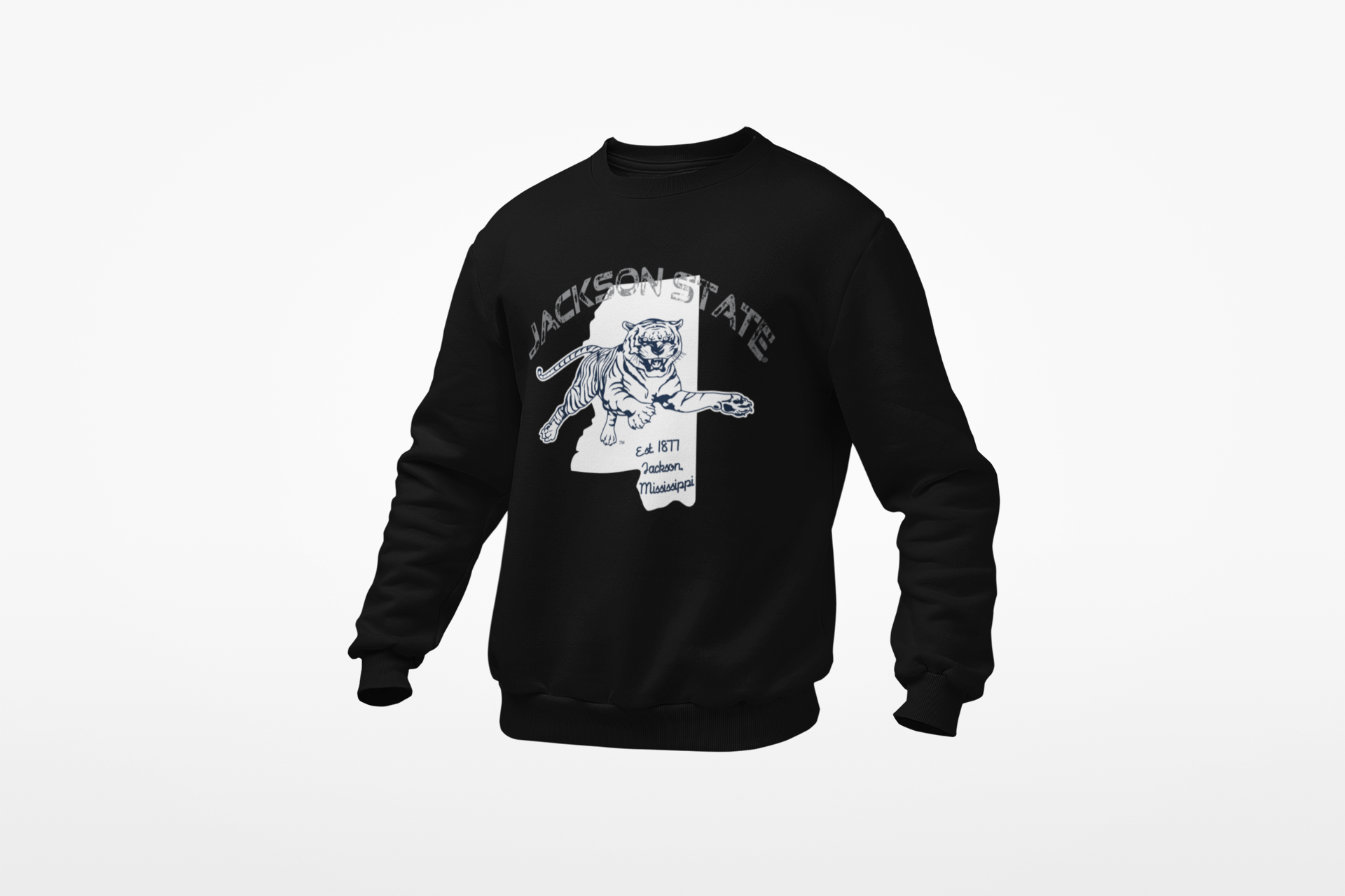 Black crewneck sweatshirt with front bulldog graphic print