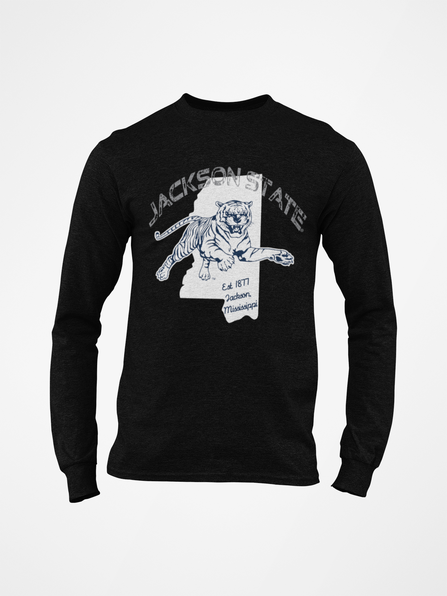 Black long sleeve t-shirt with white Jackson State tiger graphic on chest