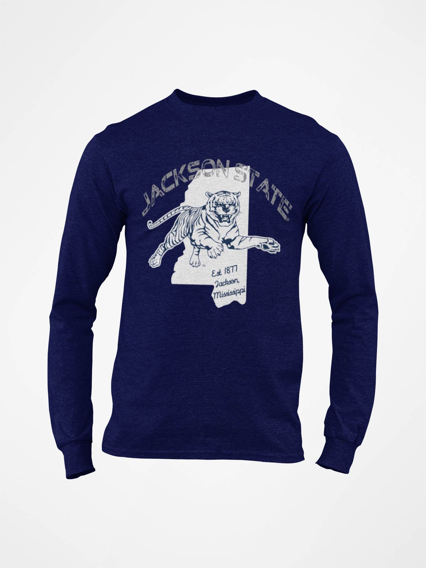 Navy long sleeve t-shirt with light Jackson State tiger graphic on chest