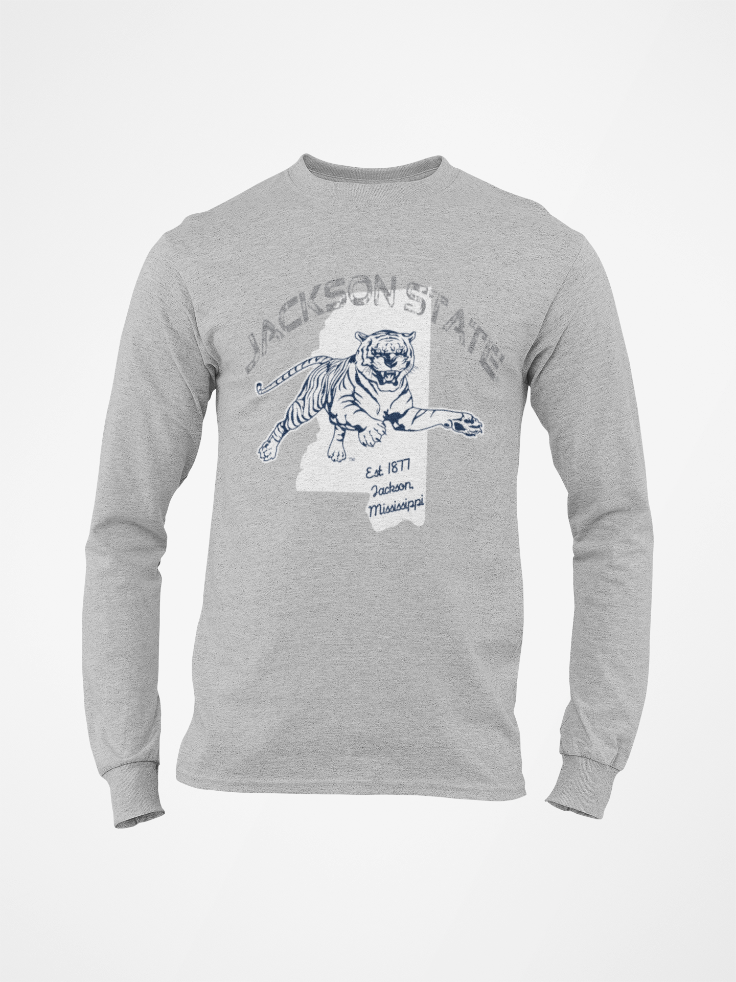 Gray long sleeve t-shirt with light tiger graphic on chest