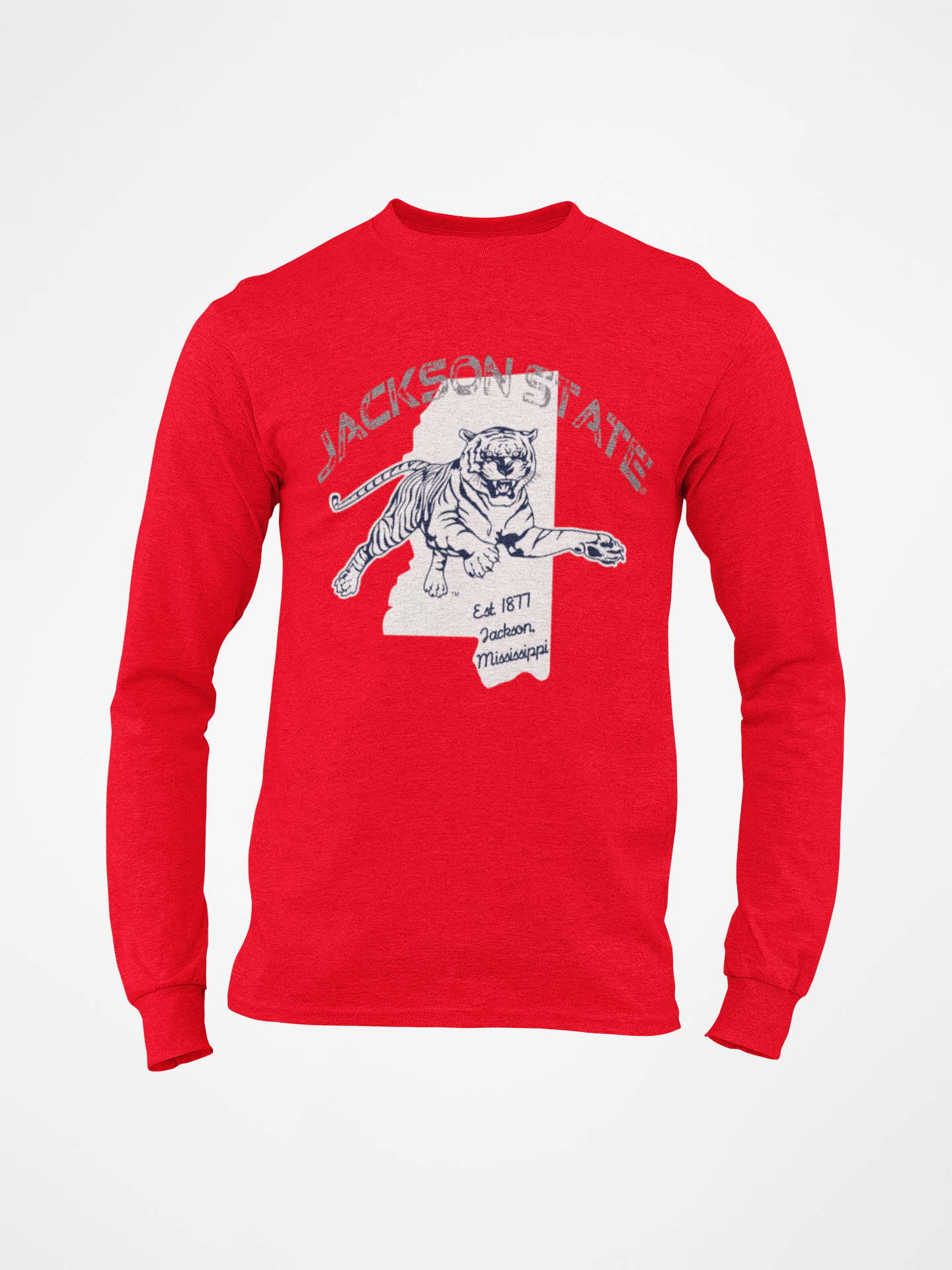 Red long sleeve t-shirt with light Jackson State tiger graphic on chest