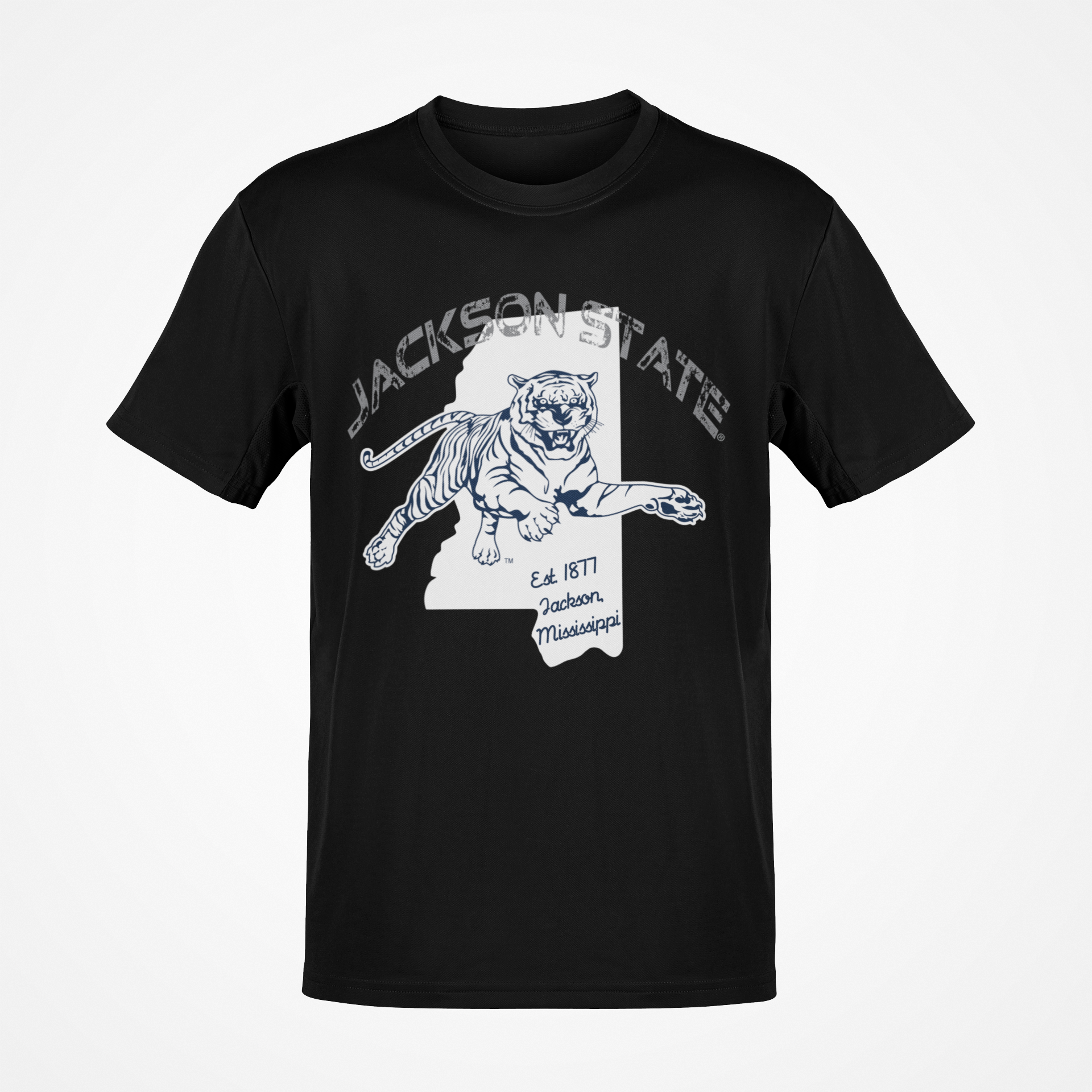 Black short-sleeve T-shirt with white tiger logo graphic on chest.