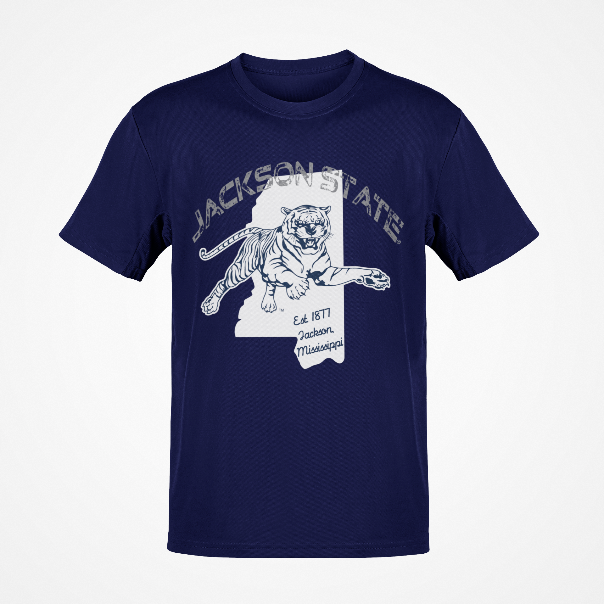 Navy short-sleeve T-shirt with white tiger logo graphic on chest.