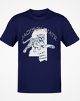 Navy short-sleeve T-shirt with white tiger logo graphic on chest.
