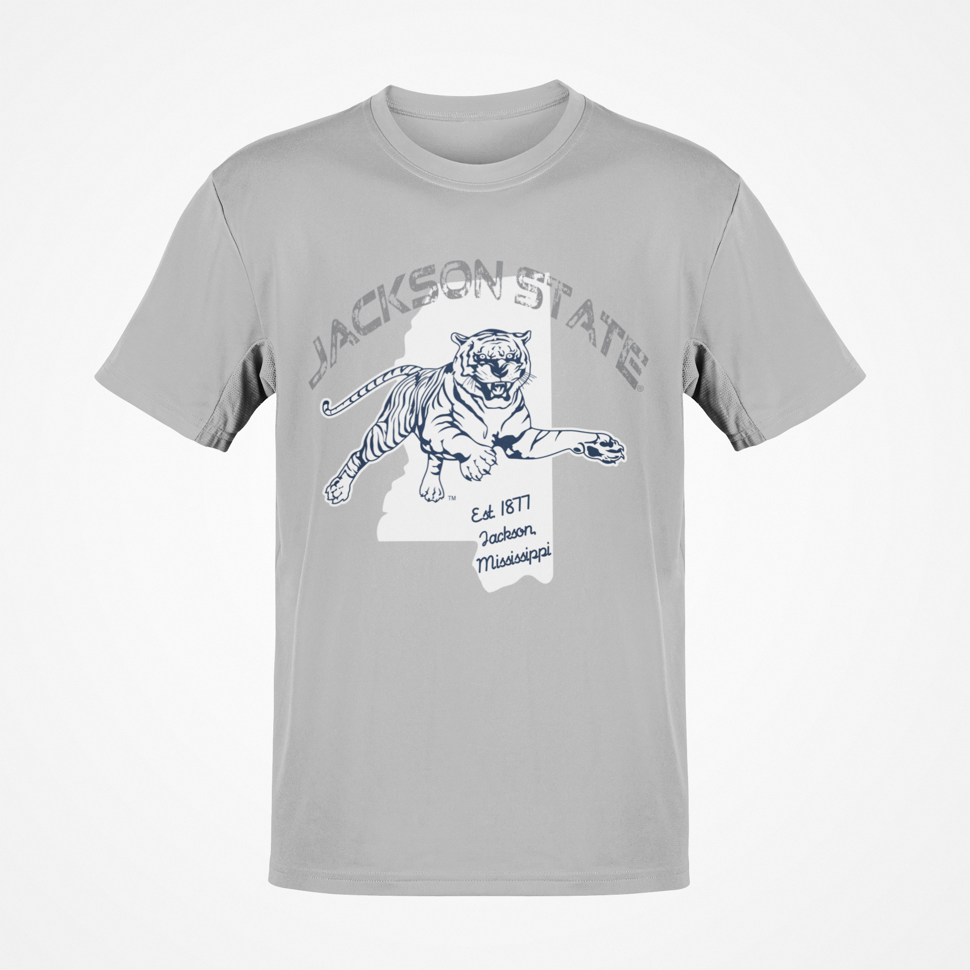 Gray short-sleeve T-shirt with white tiger logo graphic on chest.