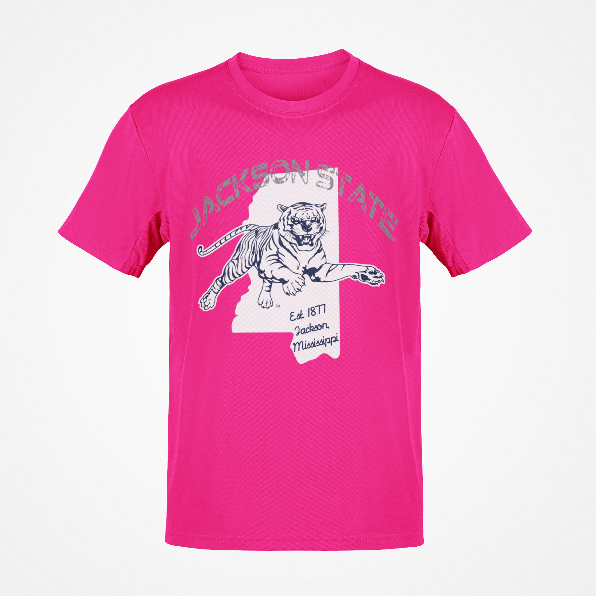 Pink short-sleeve T-shirt with white tiger logo graphic on chest.