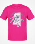 Pink short-sleeve T-shirt with white tiger logo graphic on chest.