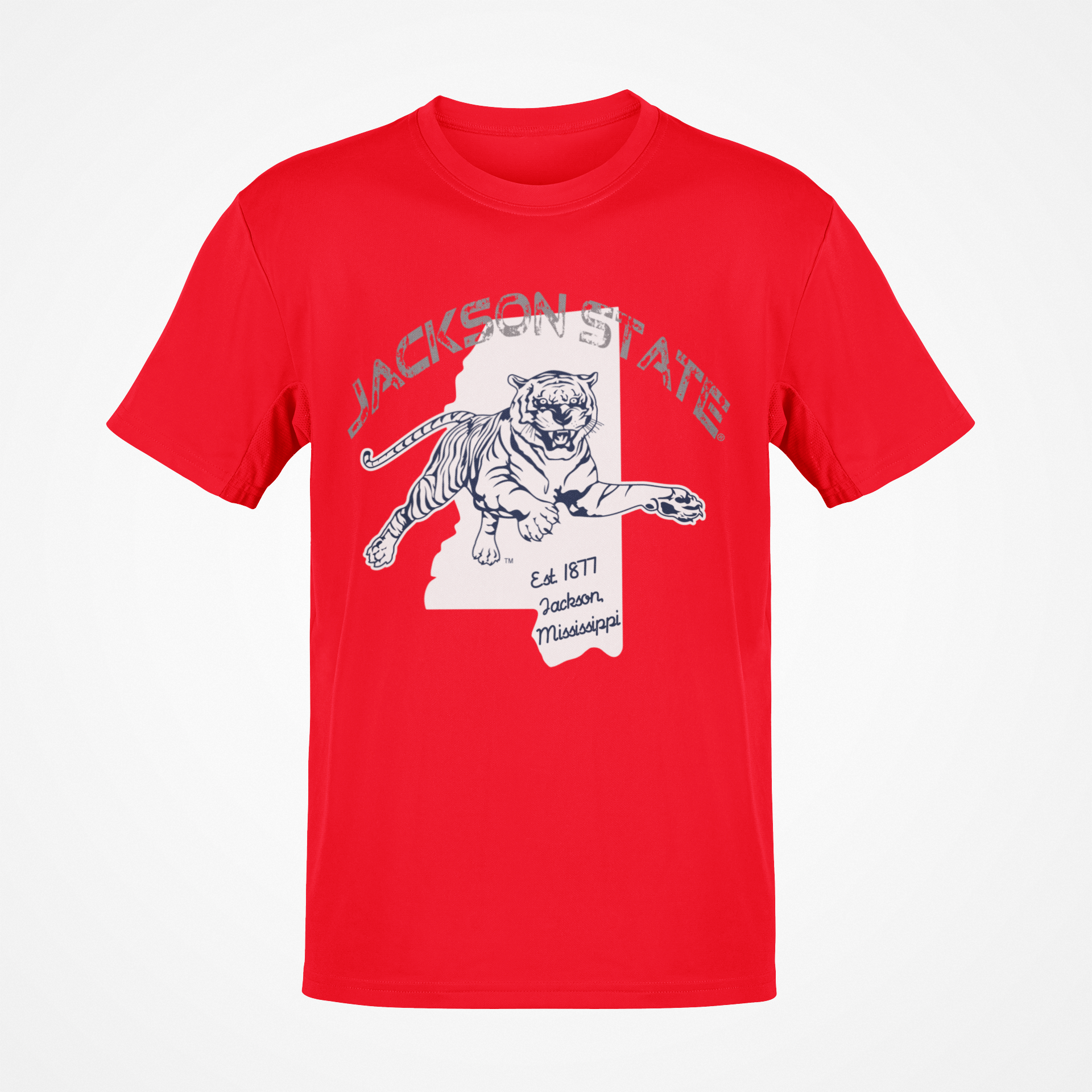 Red short-sleeve T-shirt with white tiger logo graphic on chest.