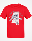 Red short-sleeve T-shirt with white tiger logo graphic on chest.