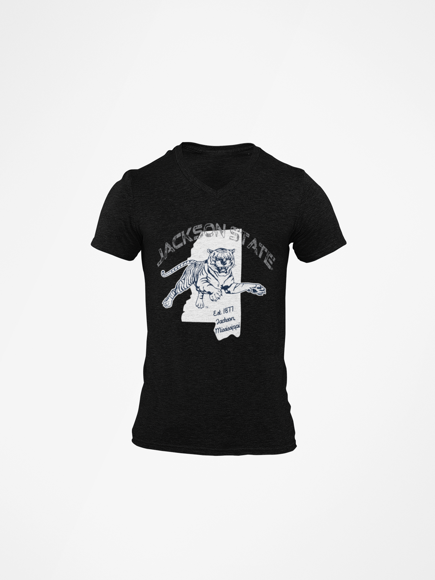 Black v-neck short-sleeve T-shirt with Tigers graphic at center chest