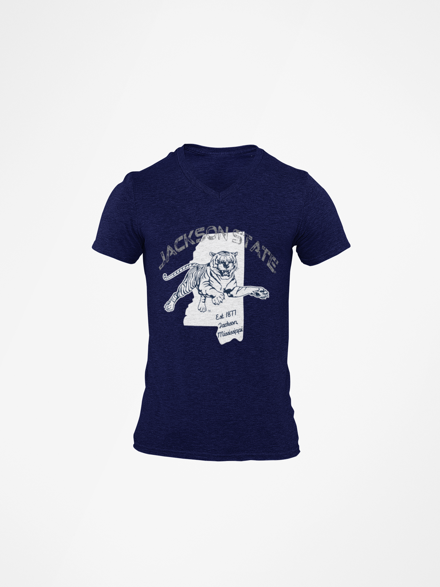 Navy v-neck short-sleeve T-shirt with Tigers mascot graphic on chest
