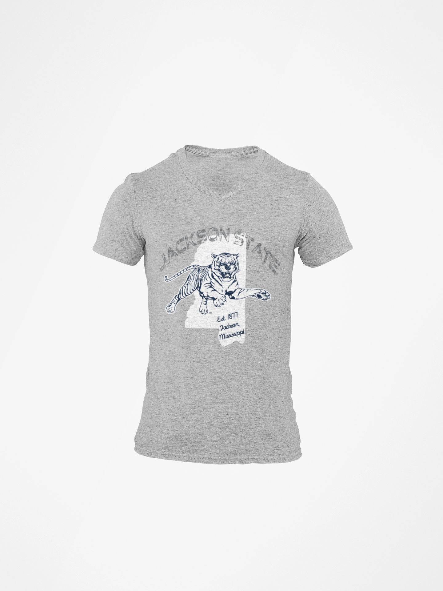 Gray v-neck short-sleeve T-shirt with Tigers mascot graphic on chest