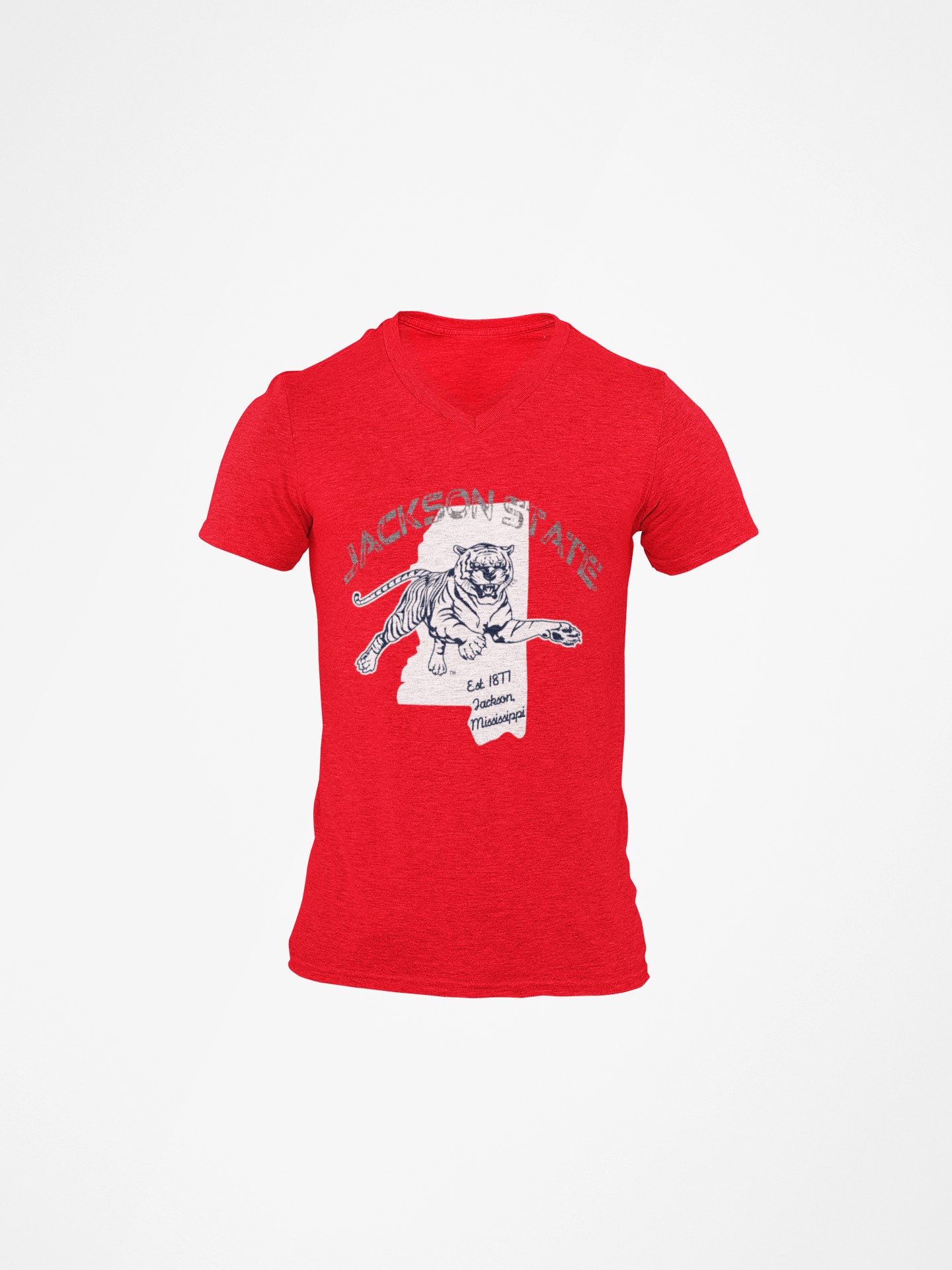 Red v-neck short-sleeve T-shirt with Tigers mascot graphic on chest