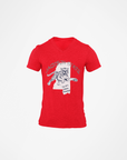 Red v-neck short-sleeve T-shirt with Tigers mascot graphic on chest