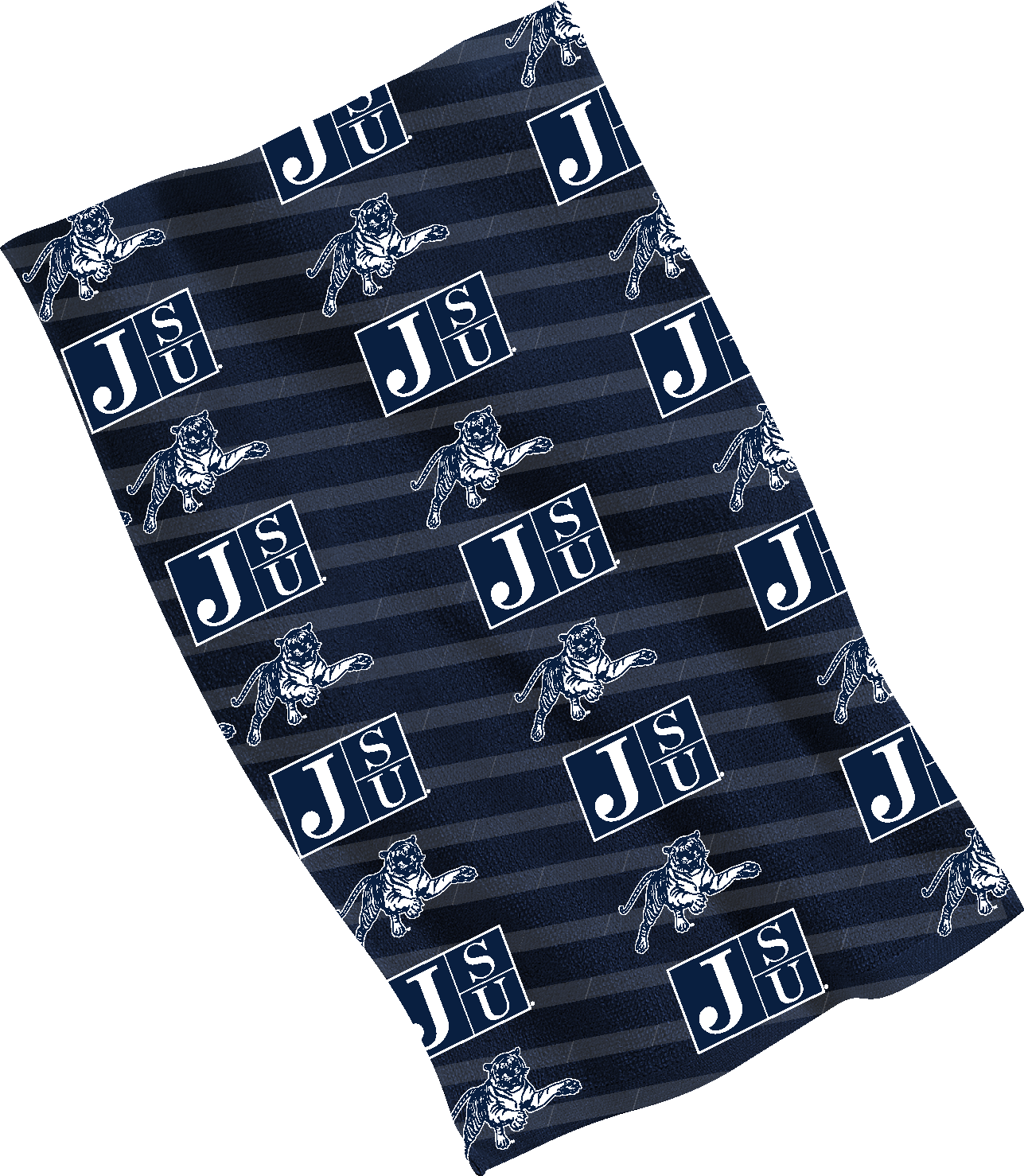 Navy blue duo rally towel with JSU Tigers logo and stripe pattern