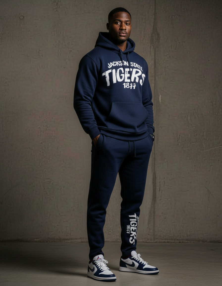 Person wearing a navy blue 'Tigers' hoodie and pants against a gray background