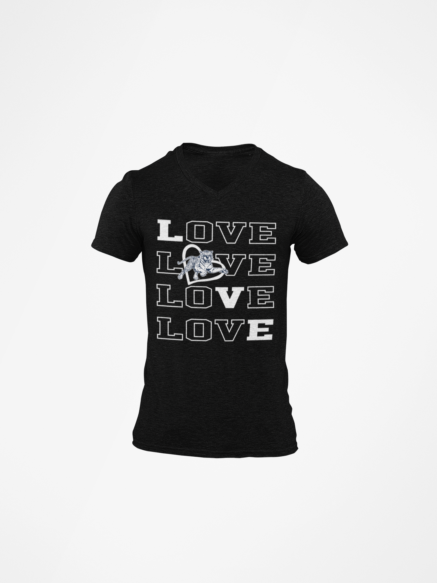Black v-neck short-sleeve T-shirt with stacked LOVE graphic and tiger detail