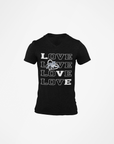 Black v-neck short-sleeve T-shirt with stacked LOVE graphic and tiger detail
