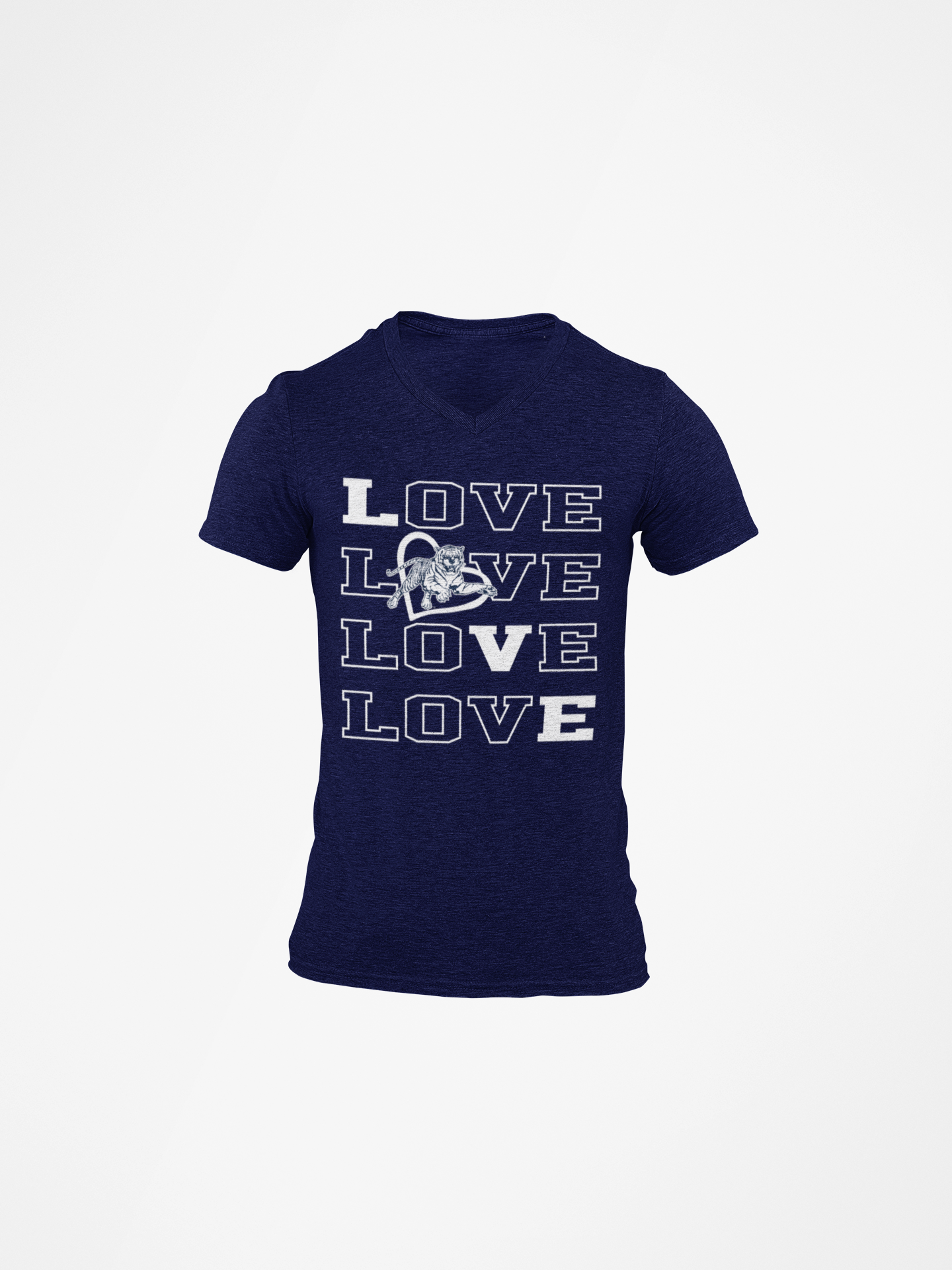 Navy v-neck short-sleeve T-shirt with stacked LOVE graphic and tiger detail