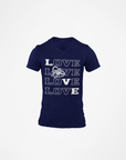Navy v-neck short-sleeve T-shirt with stacked LOVE graphic and tiger detail