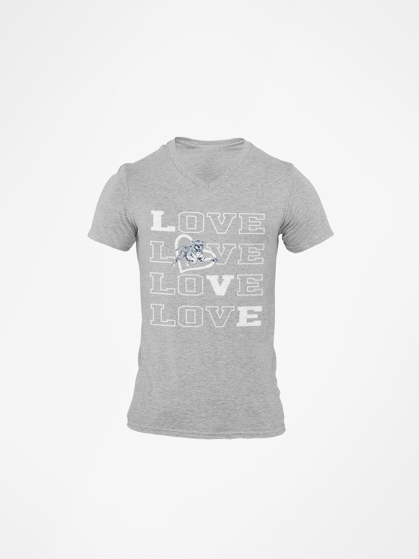 Gray v-neck short-sleeve T-shirt with stacked LOVE graphic and tiger detail