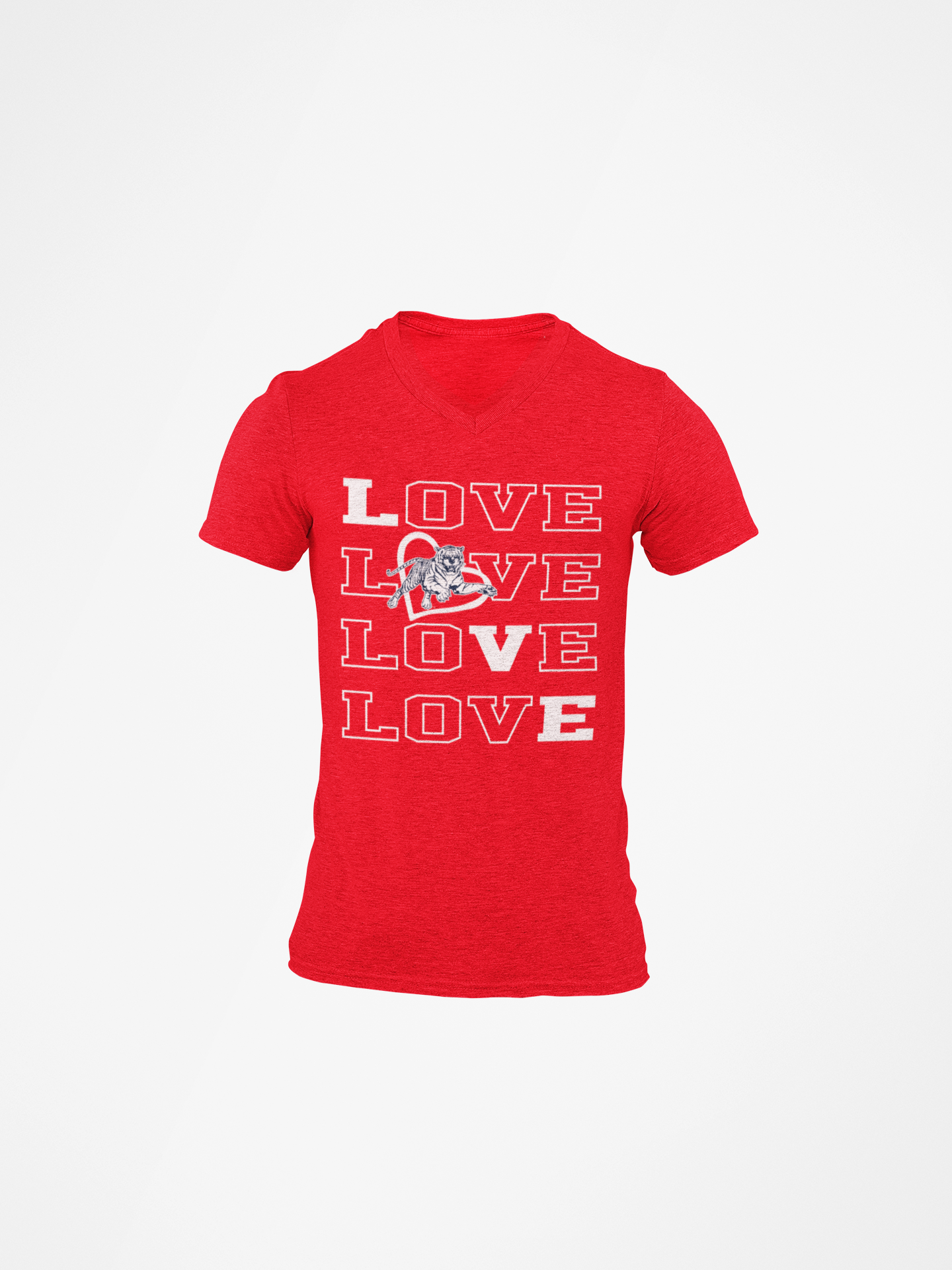 Red v-neck short-sleeve T-shirt with stacked LOVE graphic and tiger detail