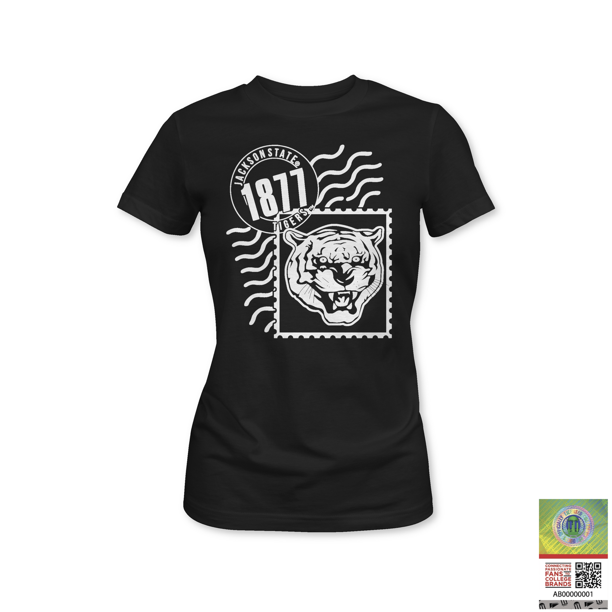 Black ladies crewneck T-shirt with white 1871 tiger and wave graphic