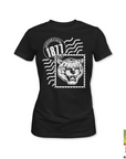 Black ladies crewneck T-shirt with white 1871 tiger and wave graphic