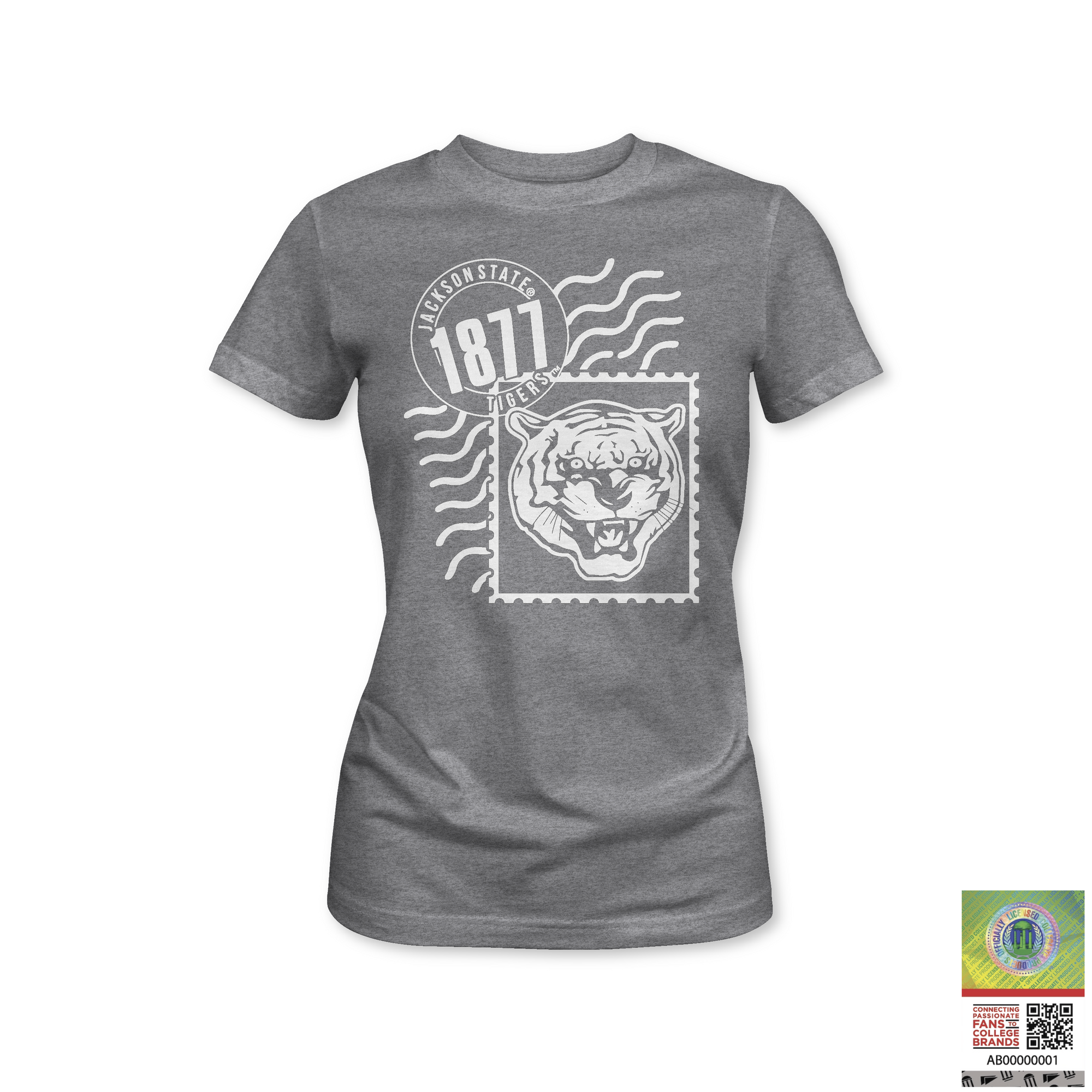 Heather gray ladies crewneck T-shirt with white 1871 tiger and wave graphic