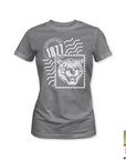 Heather gray ladies crewneck T-shirt with white 1871 tiger and wave graphic