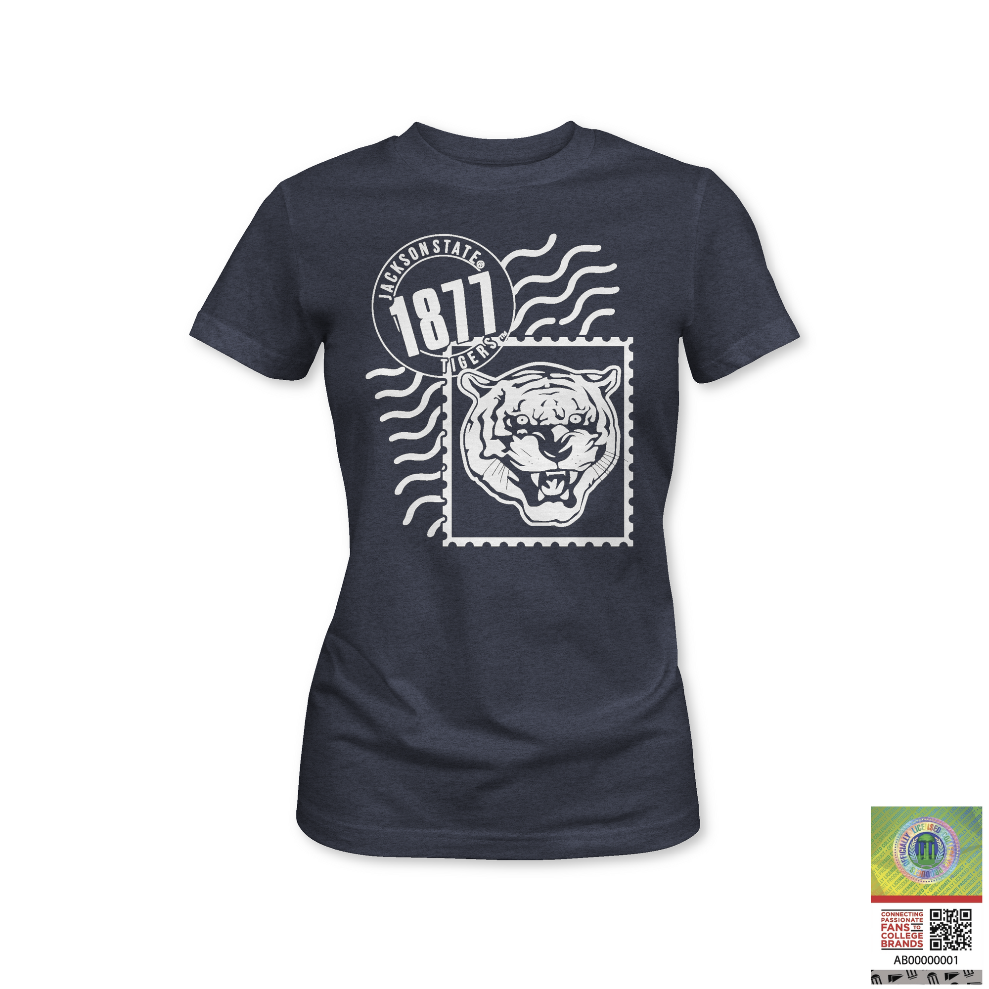 Navy blue ladies crewneck T-shirt with white 1871 tiger and wave graphic