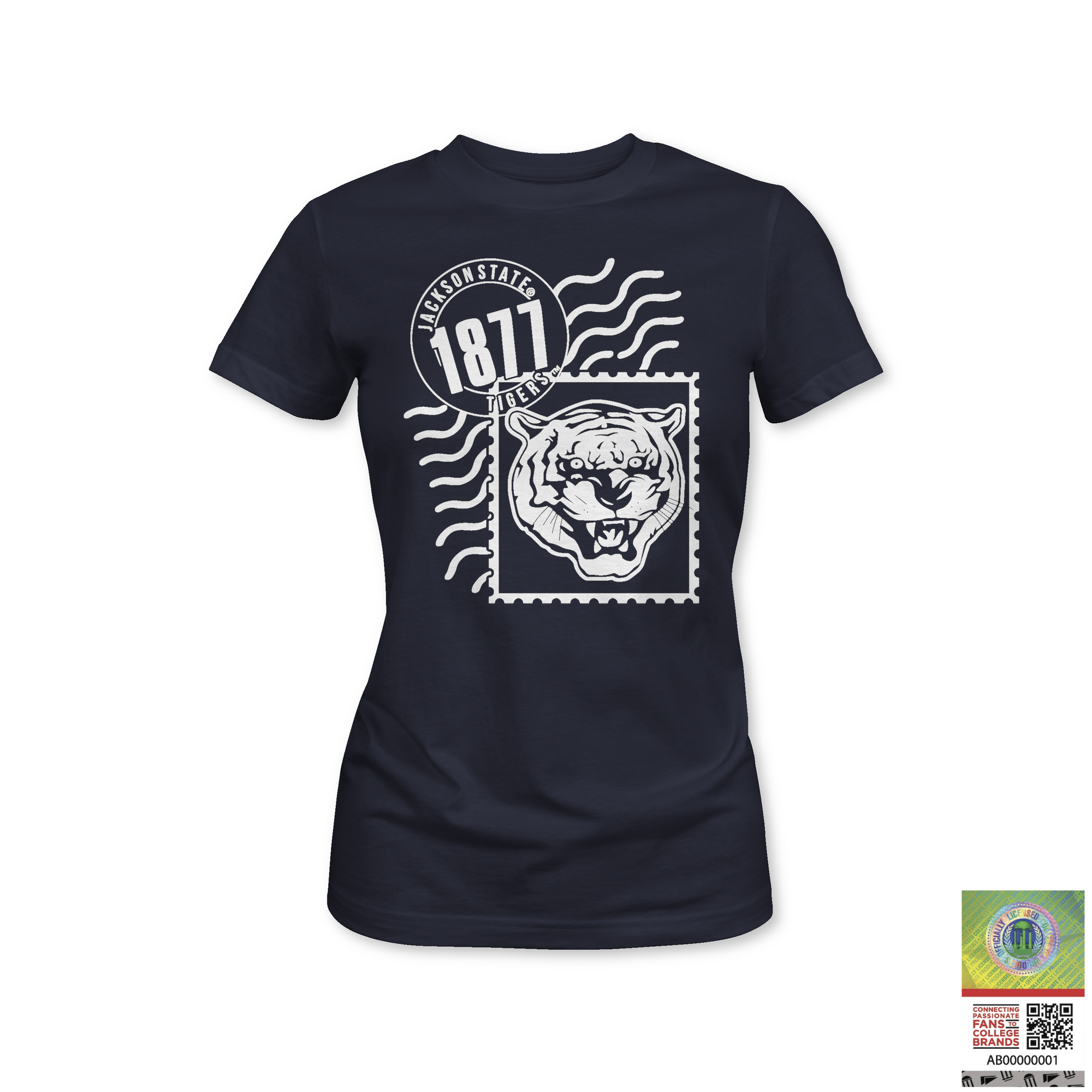 Dark navy ladies crewneck T-shirt with white 1871 tiger and wave graphic