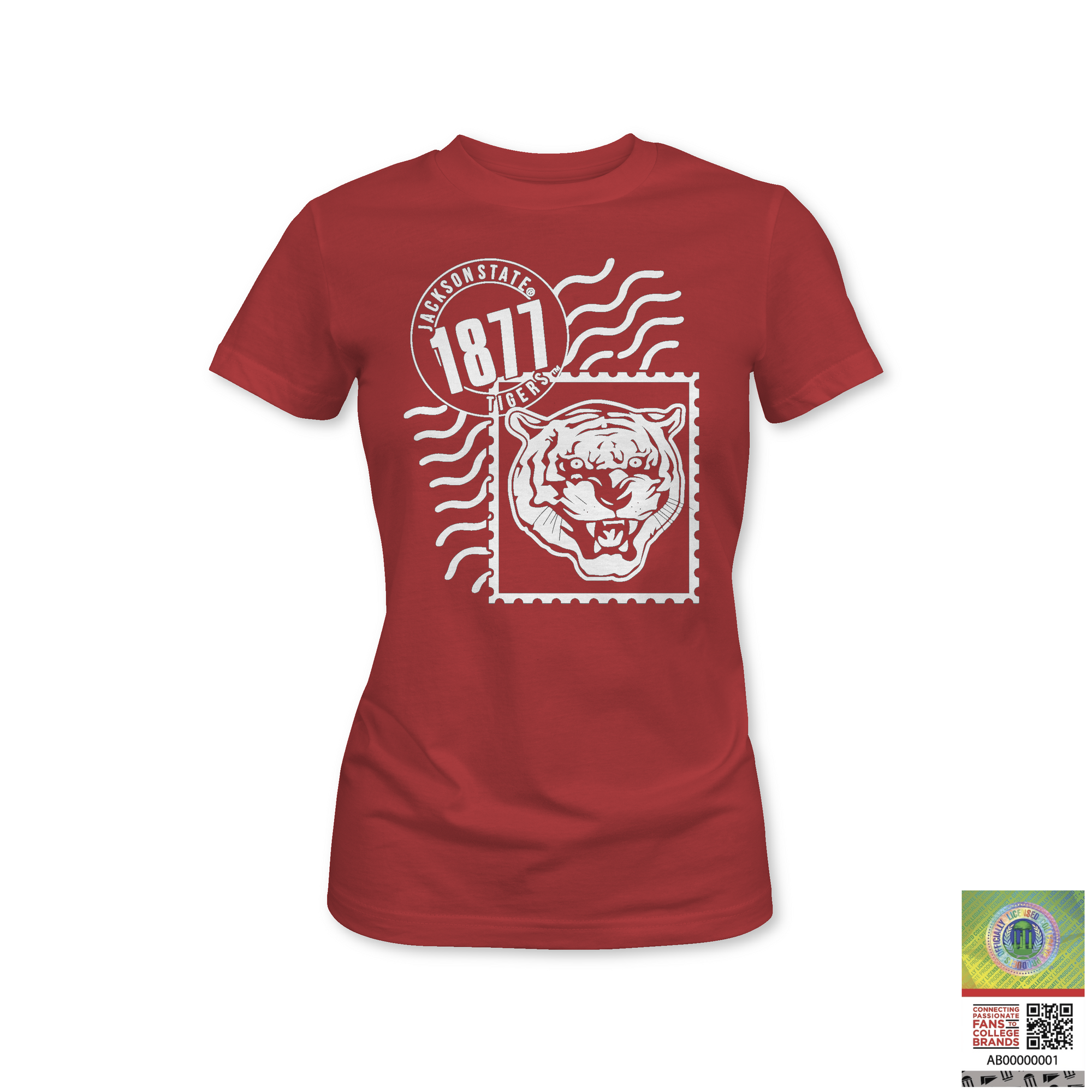 Red ladies crewneck T-shirt with white 1871 tiger and wave graphic