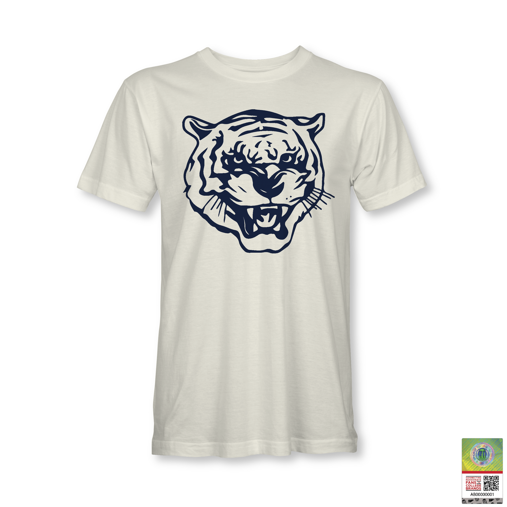 White unisex crewneck T-shirt with blue tiger head logo graphic on chest