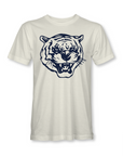 White unisex crewneck T-shirt with blue tiger head logo graphic on chest